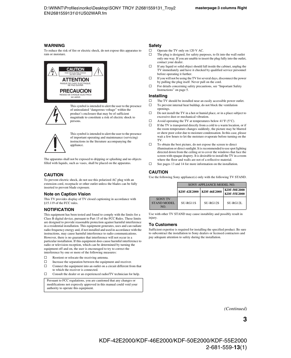 Attention, Precaucion, Continued) | Sony KDF-55E2000 User Manual | Page 3 / 92