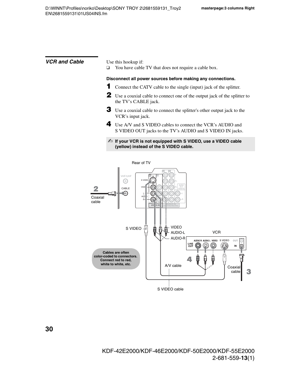 Vcr and cable, S 30 an, Use this hookup if | Sony KDF-55E2000 User Manual | Page 30 / 92