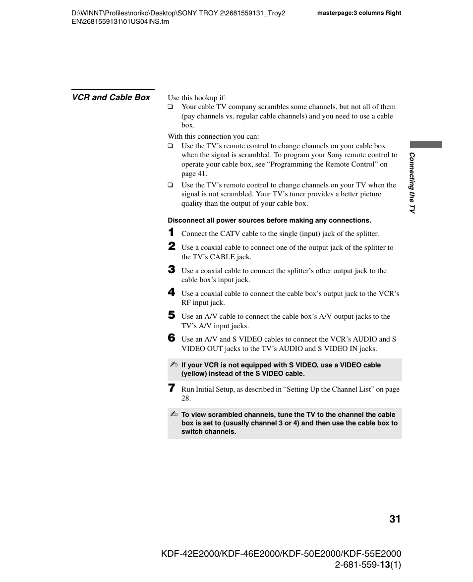 Vcr and cable box, D 31 | Sony KDF-55E2000 User Manual | Page 31 / 92