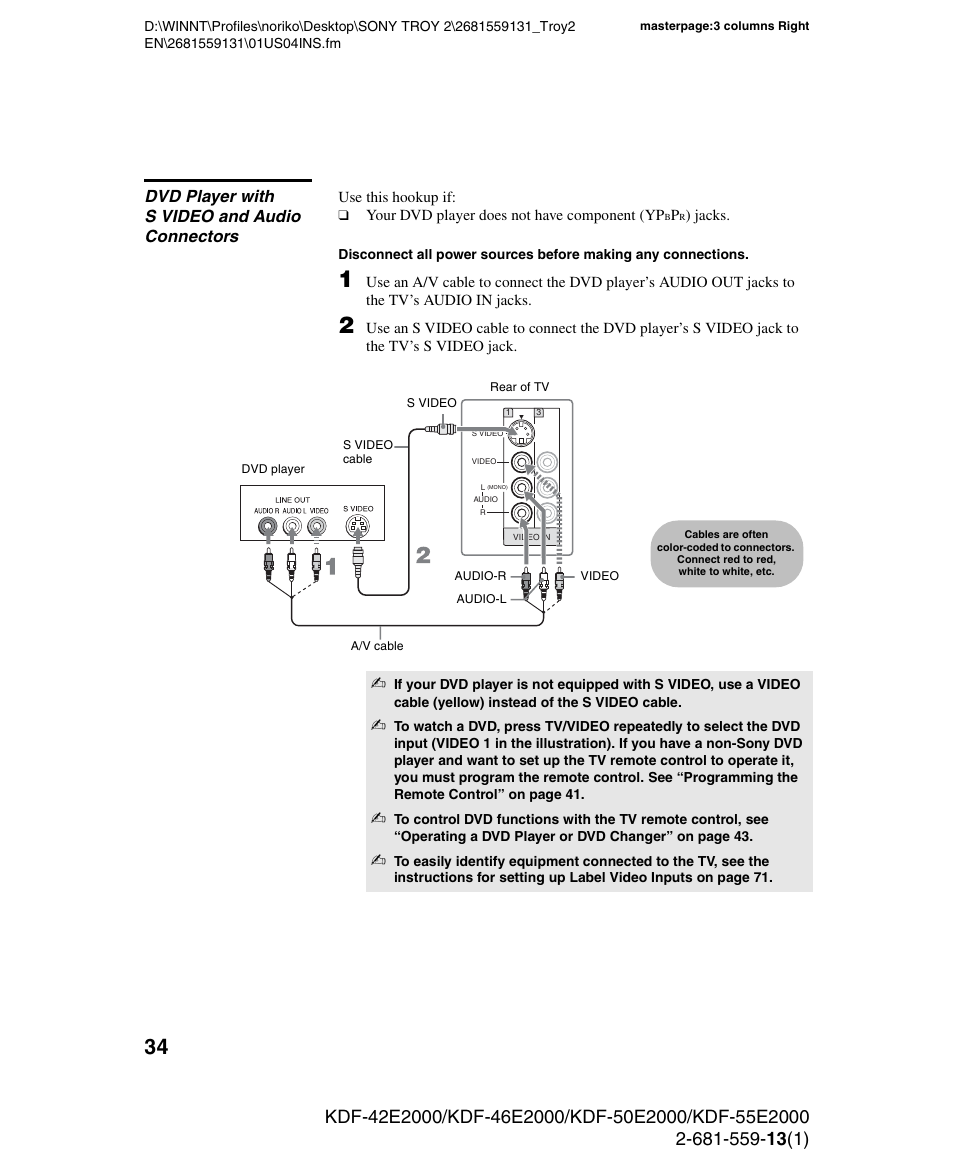 Dvd player with s video and audio connectors | Sony KDF-55E2000 User Manual | Page 34 / 92