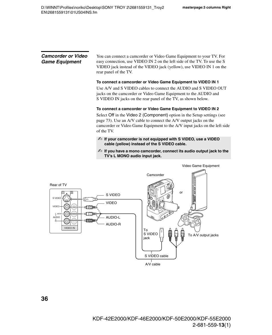 Camcorder or video game equipment | Sony KDF-55E2000 User Manual | Page 36 / 92