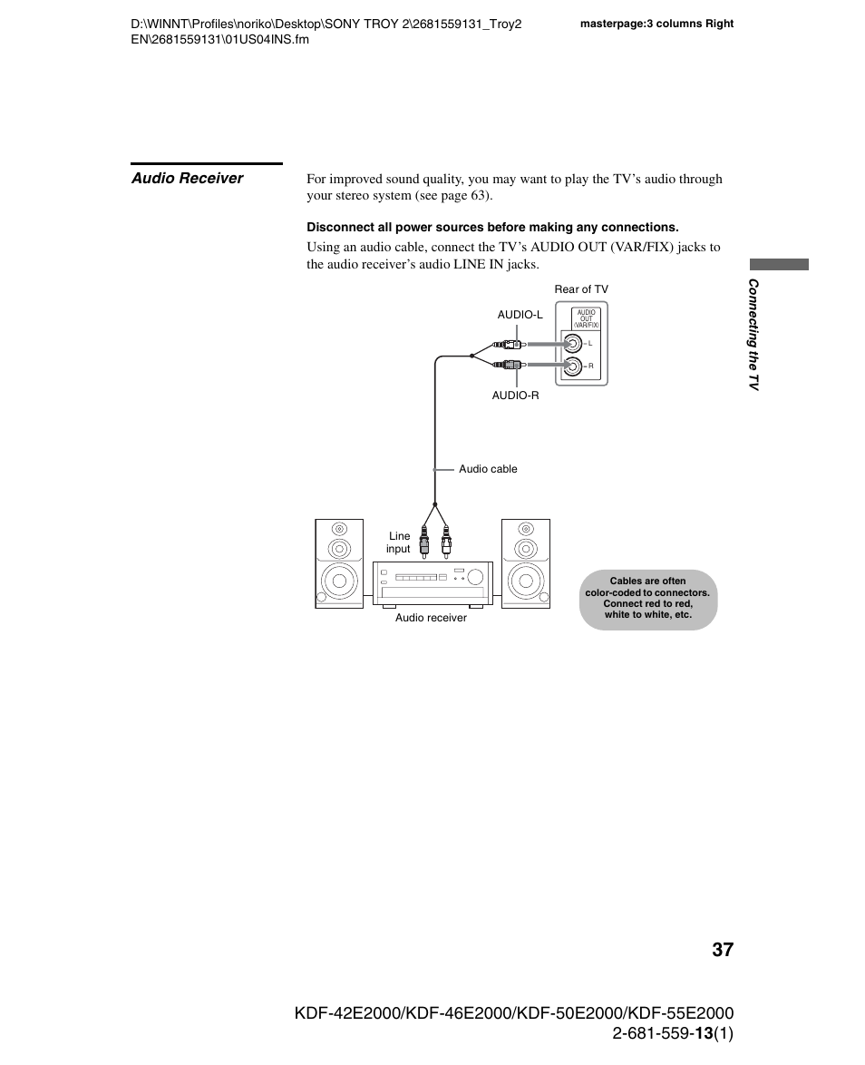 Audio receiver | Sony KDF-55E2000 User Manual | Page 37 / 92