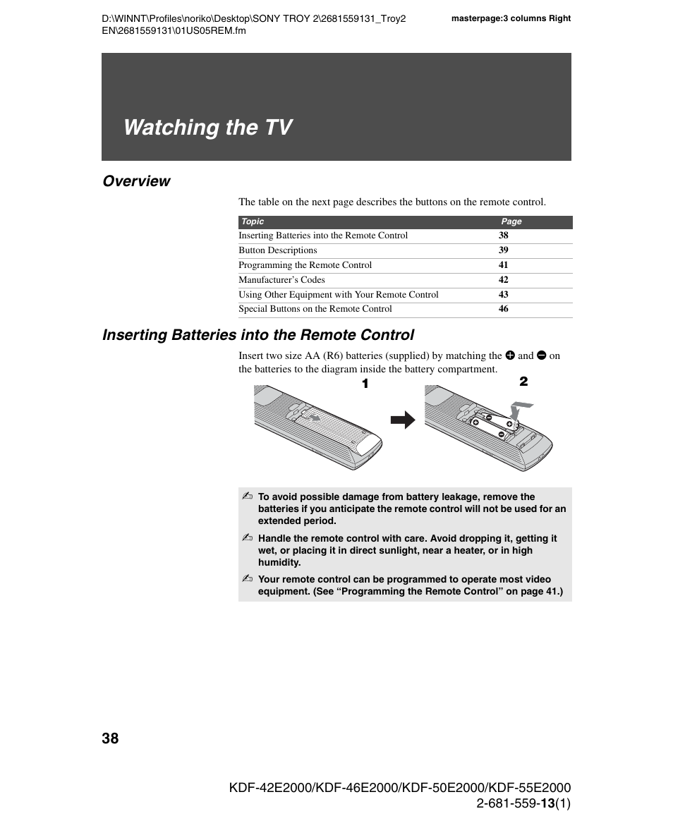 Watching the tv, Overview, Inserting batteries into the remote control | Sony KDF-55E2000 User Manual | Page 38 / 92