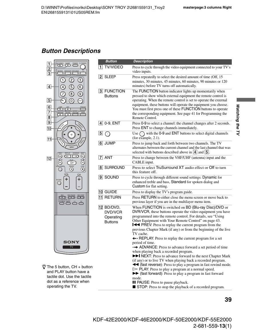 Button descriptions | Sony KDF-55E2000 User Manual | Page 39 / 92