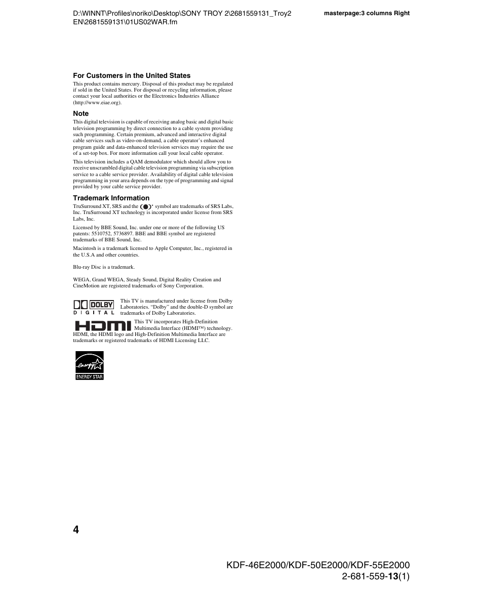 Sony KDF-55E2000 User Manual | Page 4 / 92