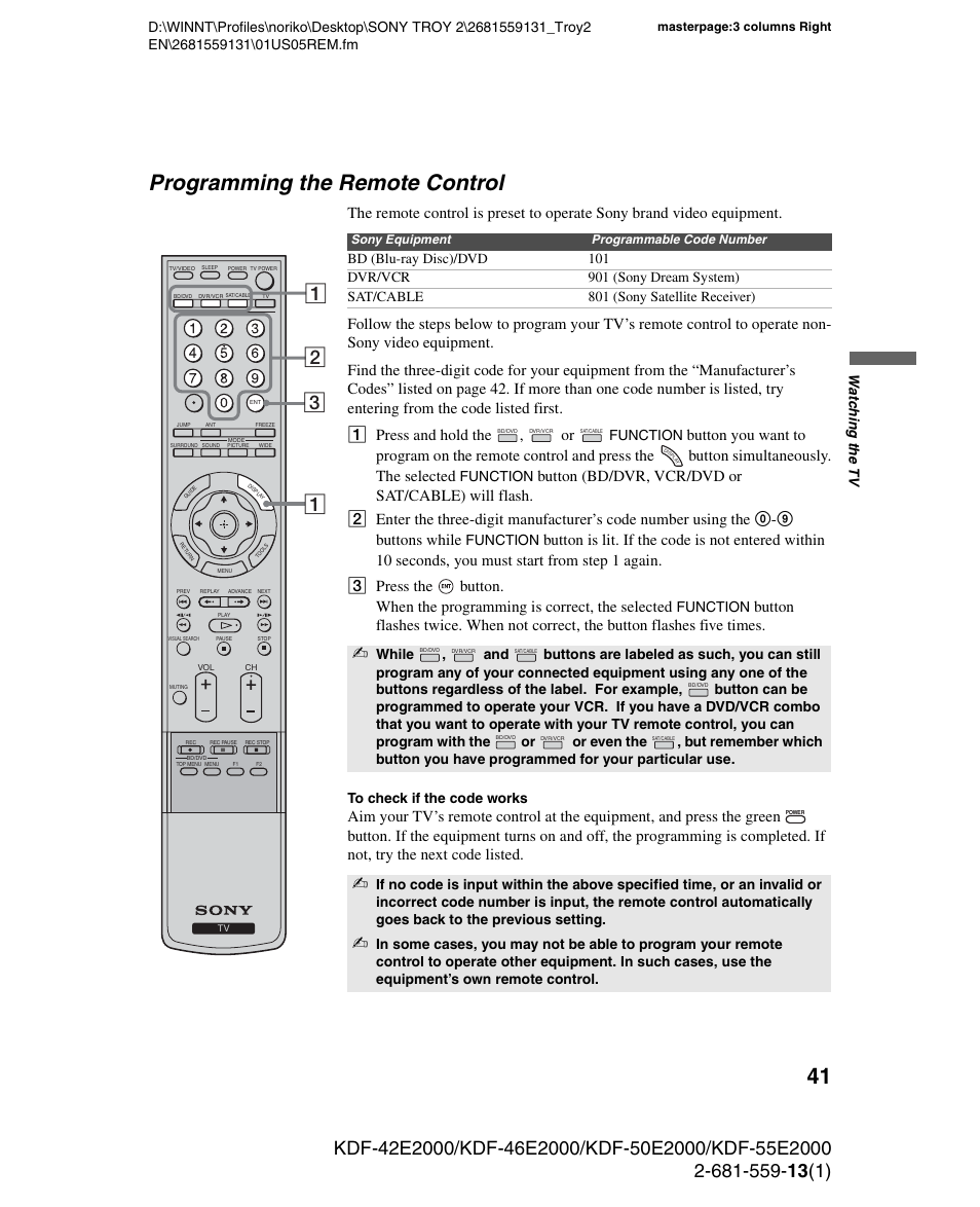 Programming the remote control | Sony KDF-55E2000 User Manual | Page 41 / 92