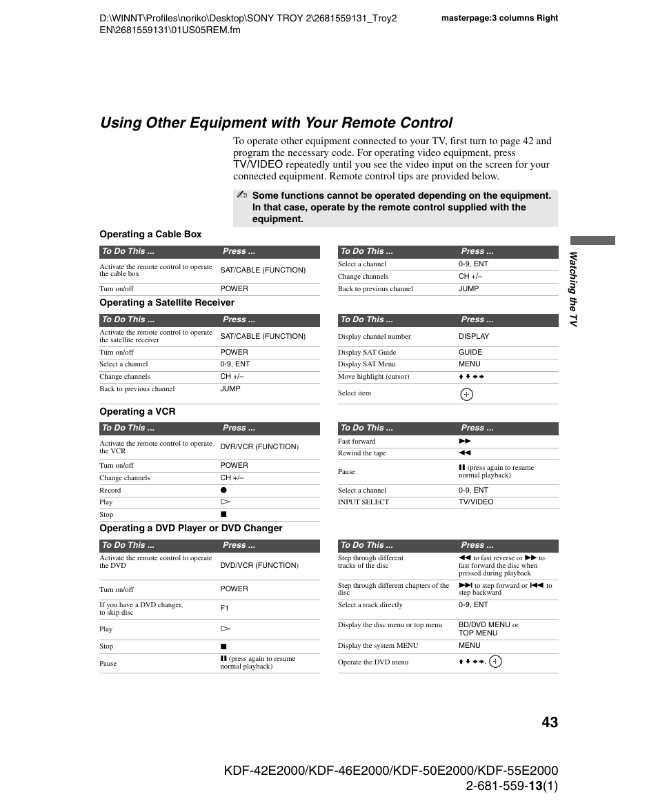 Using other equipment with your remote control, Using other equipment with your remote, Control | Sony KDF-55E2000 User Manual | Page 43 / 92