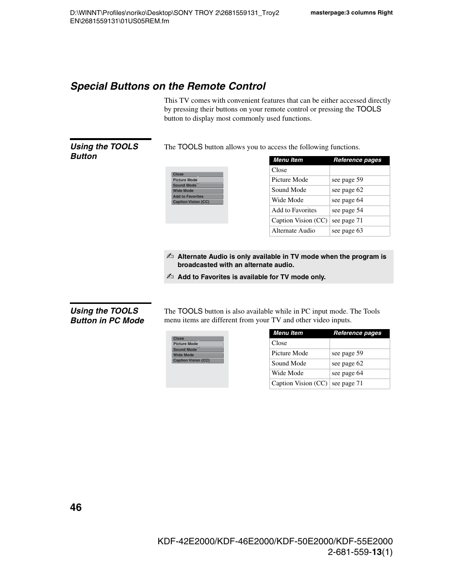 Special buttons on the remote control, Using the tools button, Using the tools button in pc mode | Sony KDF-55E2000 User Manual | Page 46 / 92