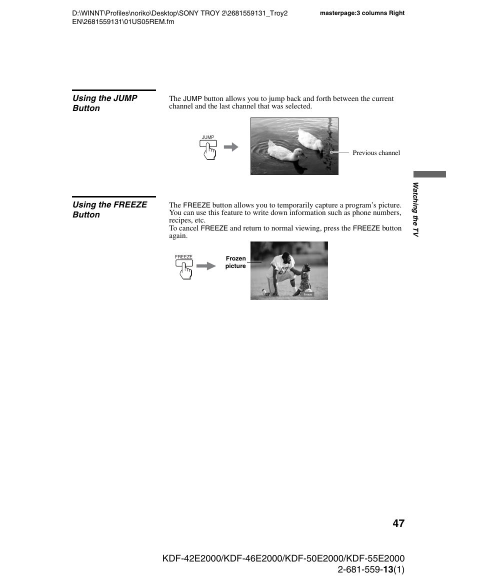 Using the jump button, Using the freeze button, Using the jump button using the freeze button | Sony KDF-55E2000 User Manual | Page 47 / 92