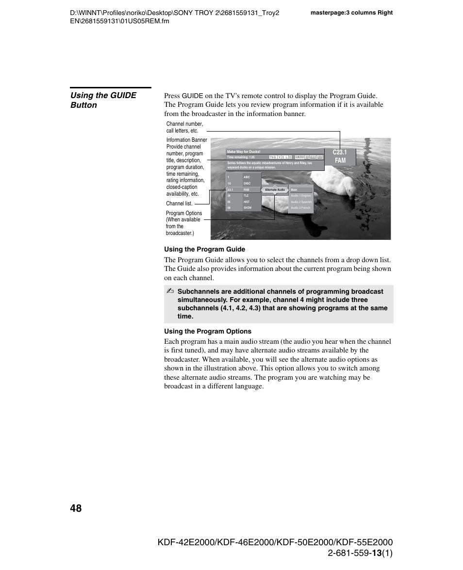 Using the guide button, Press | Sony KDF-55E2000 User Manual | Page 48 / 92