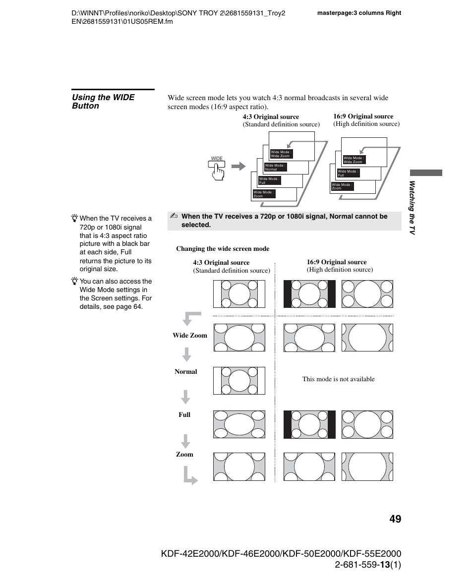 Using the wide button | Sony KDF-55E2000 User Manual | Page 49 / 92