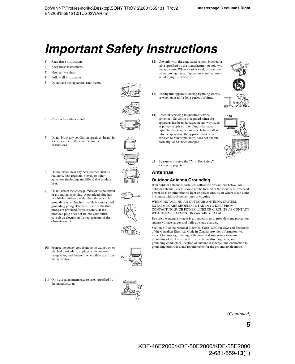 Important safety instructions | Sony KDF-55E2000 User Manual | Page 5 / 92