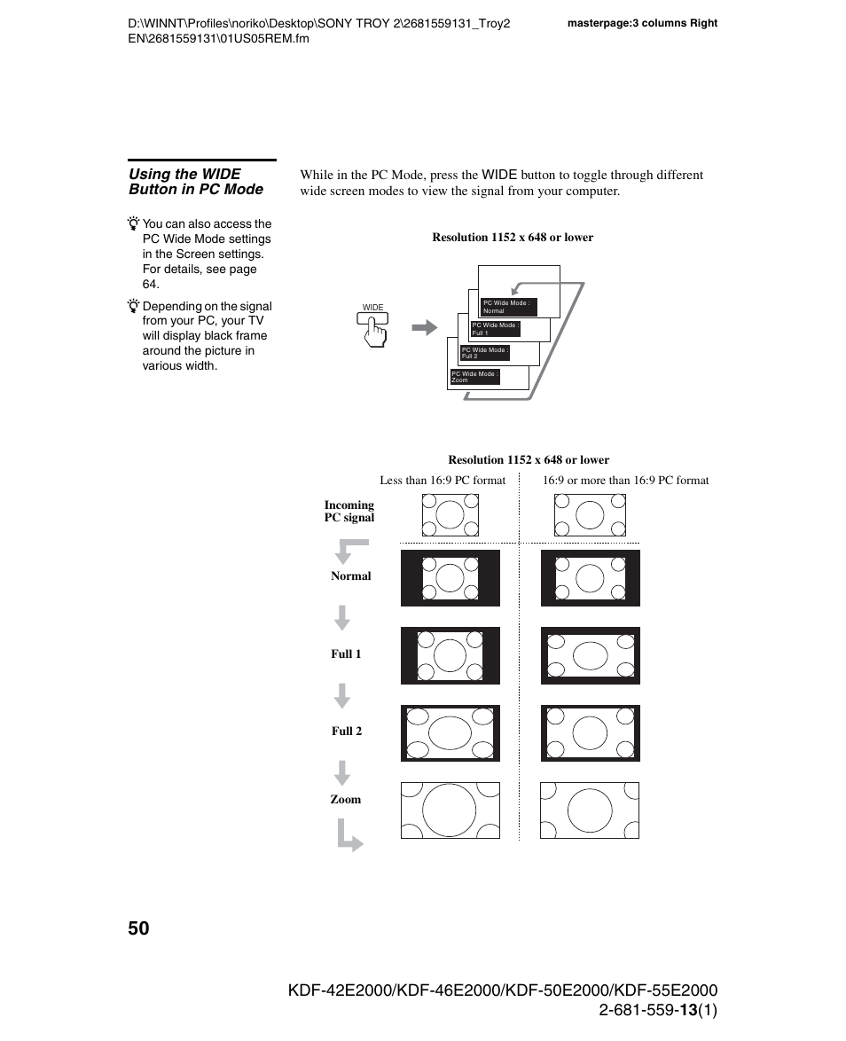 Using the wide button in pc mode | Sony KDF-55E2000 User Manual | Page 50 / 92