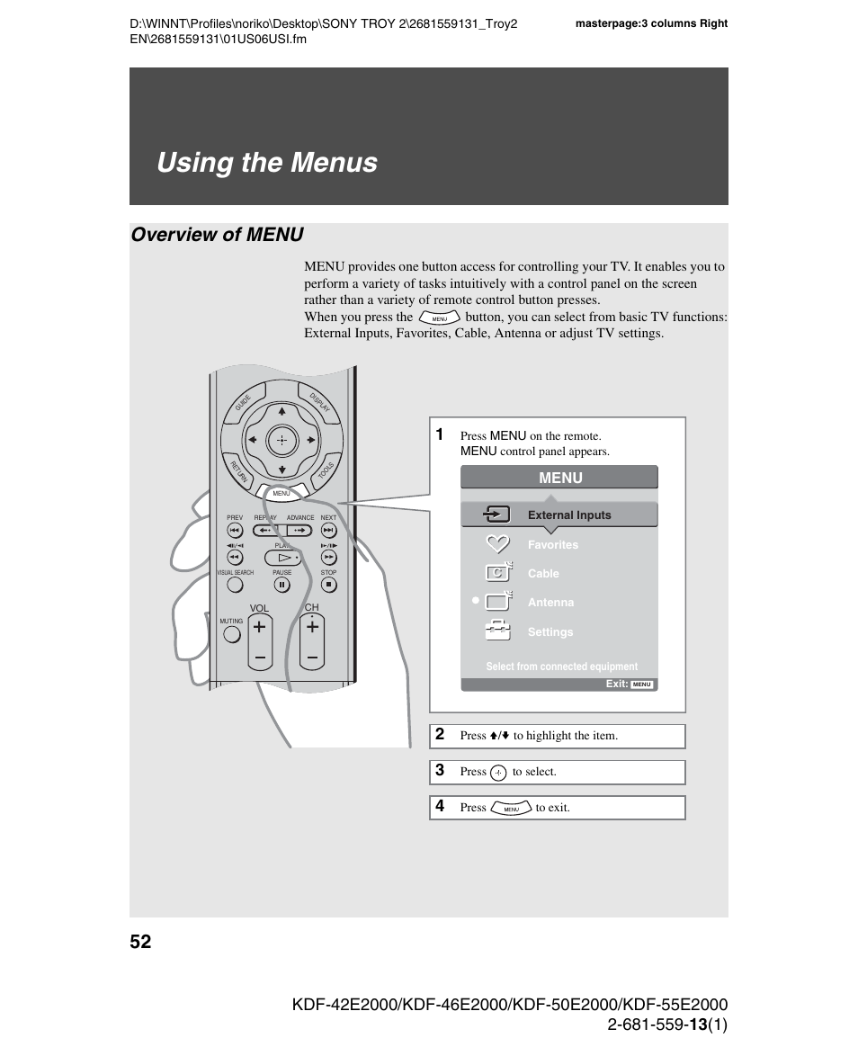 Using the menus, Overview of menu, Menu | Sony KDF-55E2000 User Manual | Page 52 / 92