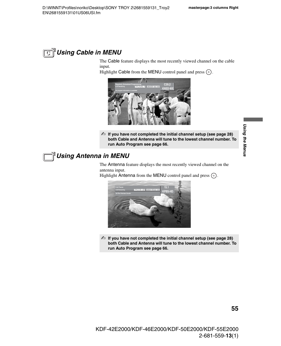 Using cable in menu, Using antenna in menu, Using cable in menu using antenna in menu | Sony KDF-55E2000 User Manual | Page 55 / 92