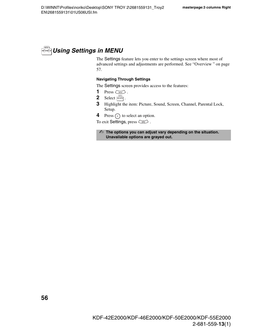 Using settings in menu | Sony KDF-55E2000 User Manual | Page 56 / 92