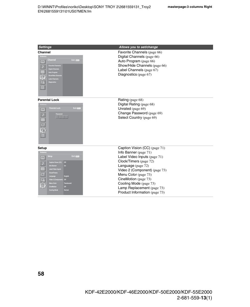 Masterpage:3 columns right, Channel, Parental lock | Setup, Settings allows you to set/change | Sony KDF-55E2000 User Manual | Page 58 / 92