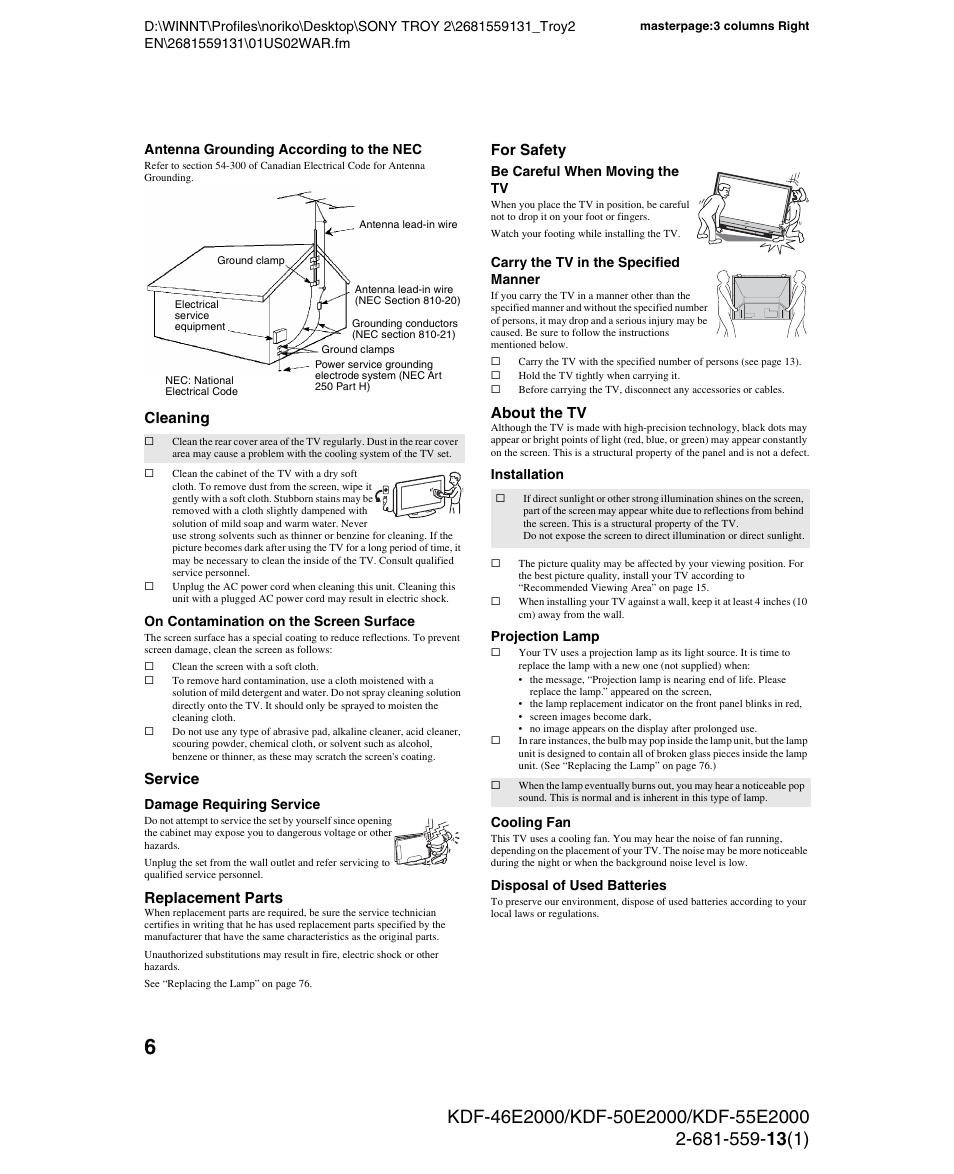 Cleaning, Service, Replacement parts | For safety, About the tv | Sony KDF-55E2000 User Manual | Page 6 / 92