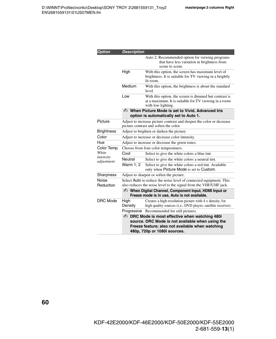 Sony KDF-55E2000 User Manual | Page 60 / 92