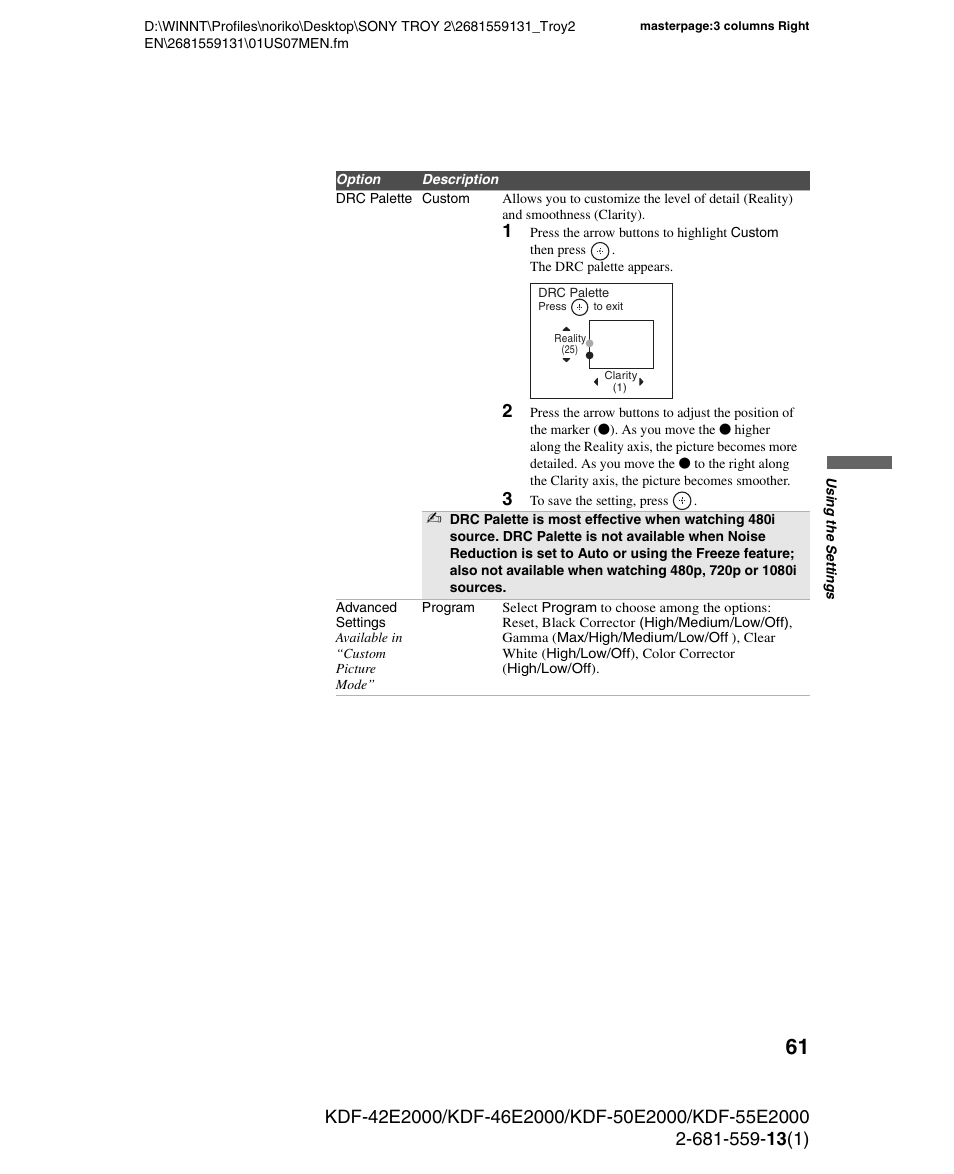 Sony KDF-55E2000 User Manual | Page 61 / 92