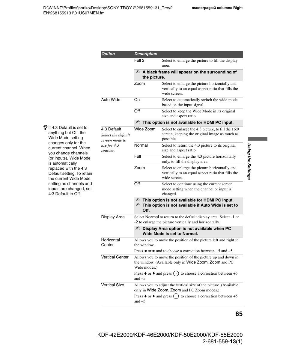 Sony KDF-55E2000 User Manual | Page 65 / 92