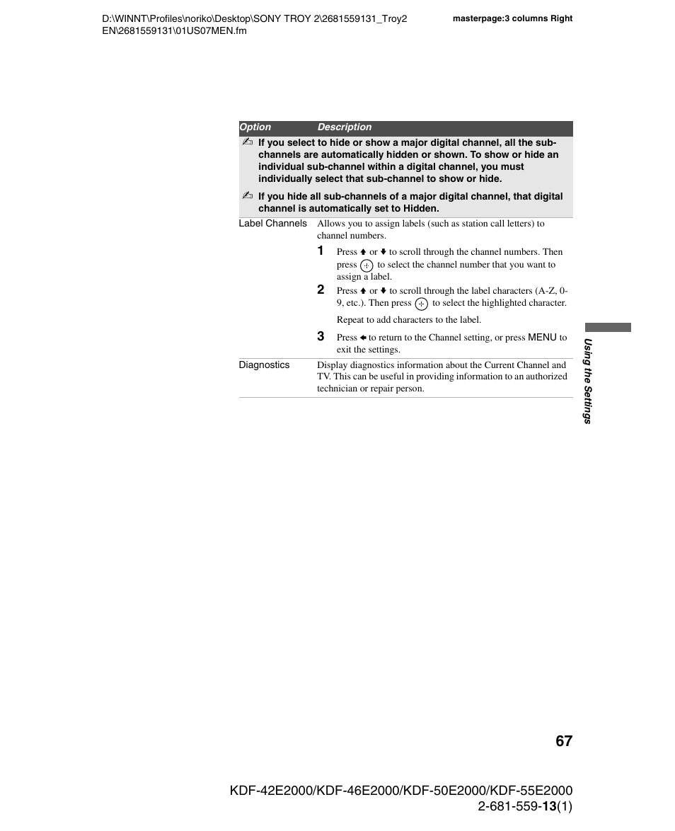 Sony KDF-55E2000 User Manual | Page 67 / 92