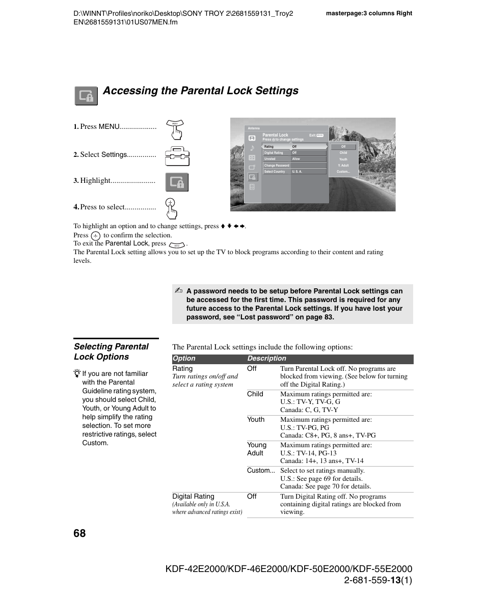 Accessing the parental lock settings, Selecting parental lock options | Sony KDF-55E2000 User Manual | Page 68 / 92