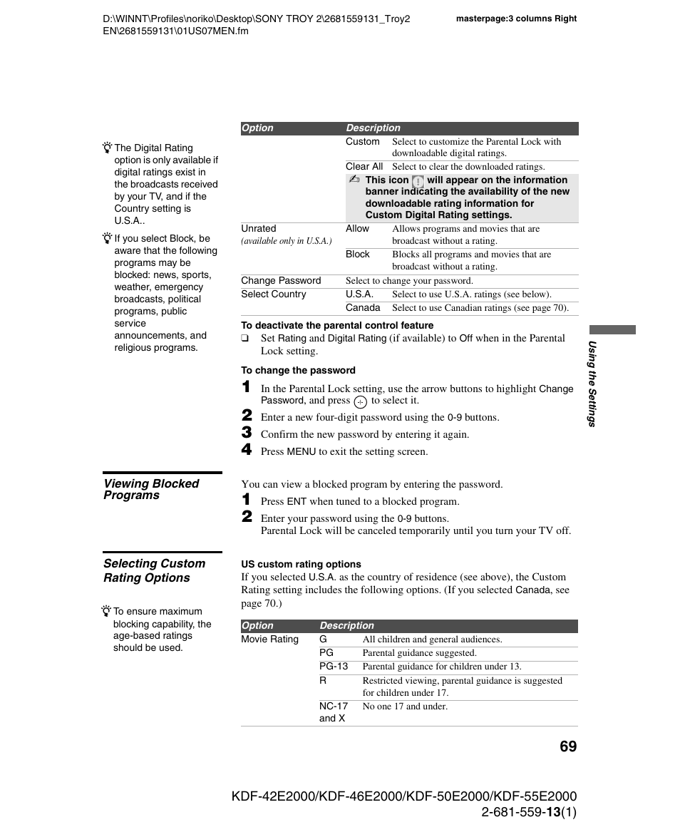 Viewing blocked programs, Selecting custom rating options | Sony KDF-55E2000 User Manual | Page 69 / 92
