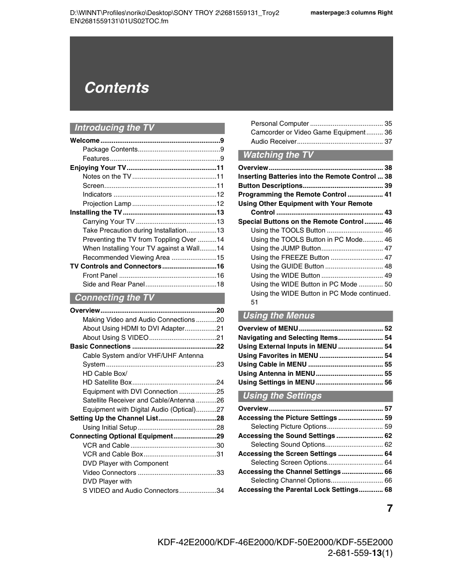 Sony KDF-55E2000 User Manual | Page 7 / 92