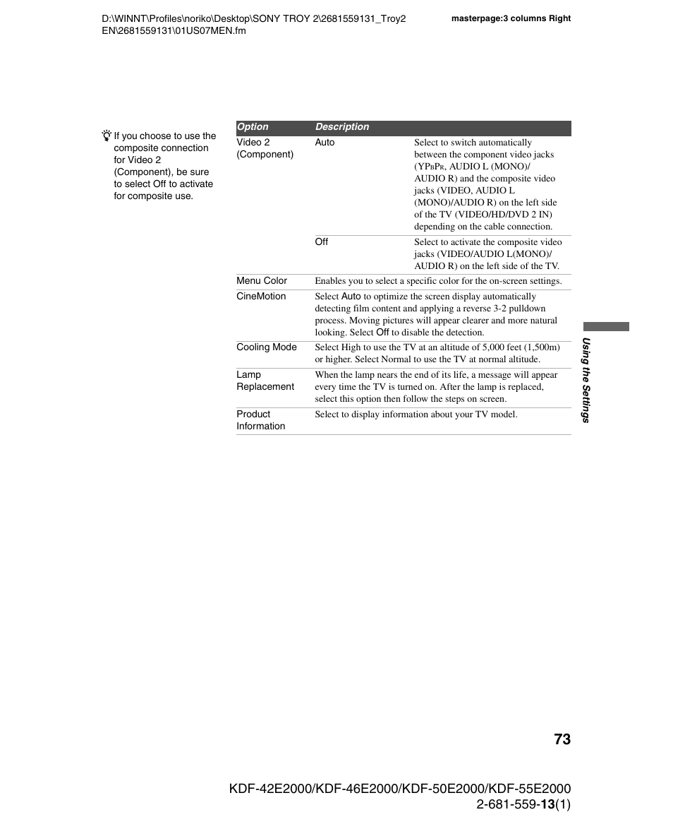 Sony KDF-55E2000 User Manual | Page 73 / 92