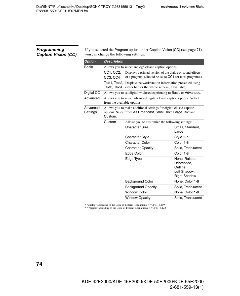 Programming caption vision (cc) | Sony KDF-55E2000 User Manual | Page 74 / 92