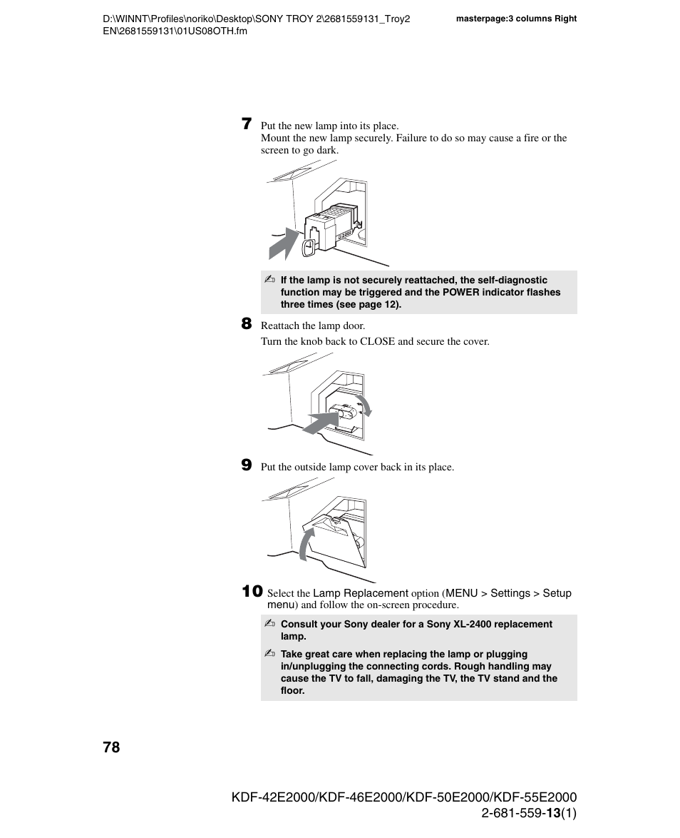 Sony KDF-55E2000 User Manual | Page 78 / 92