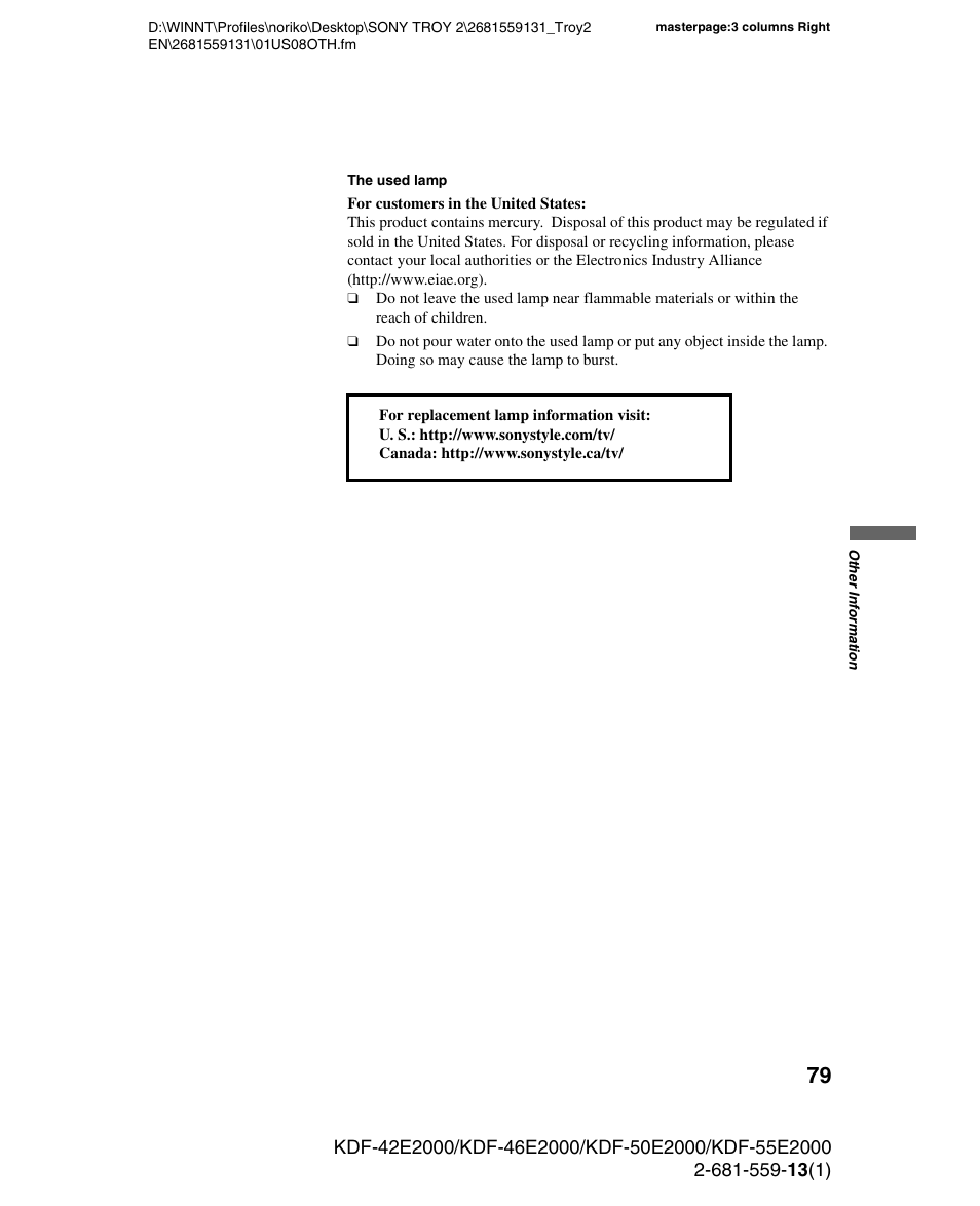 Sony KDF-55E2000 User Manual | Page 79 / 92