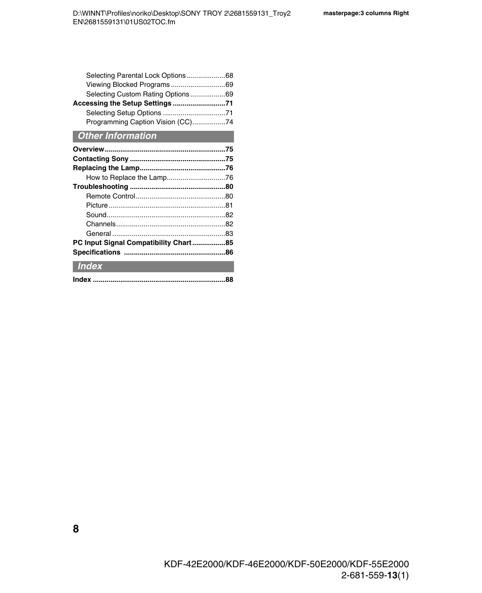 Sony KDF-55E2000 User Manual | Page 8 / 92