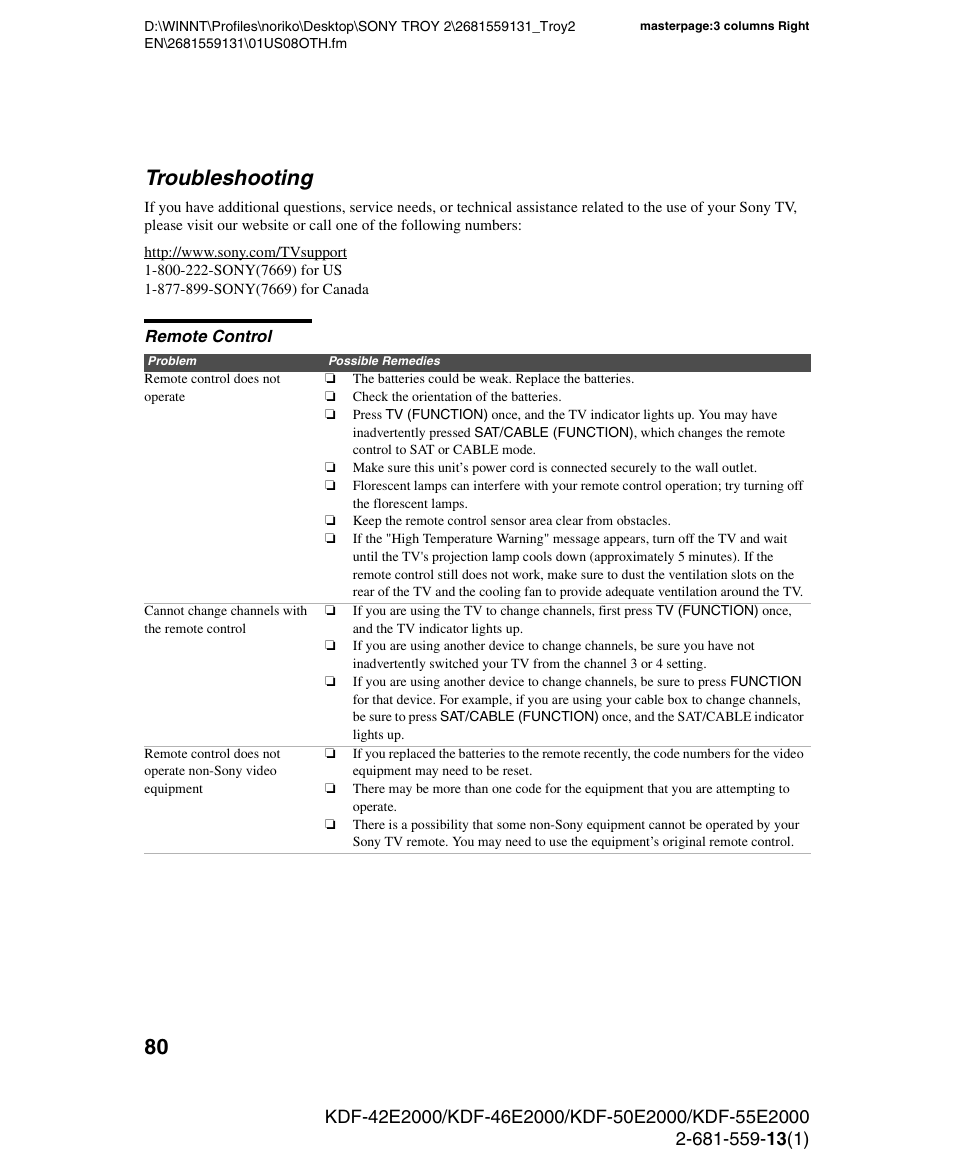 Troubleshooting, Remote control | Sony KDF-55E2000 User Manual | Page 80 / 92