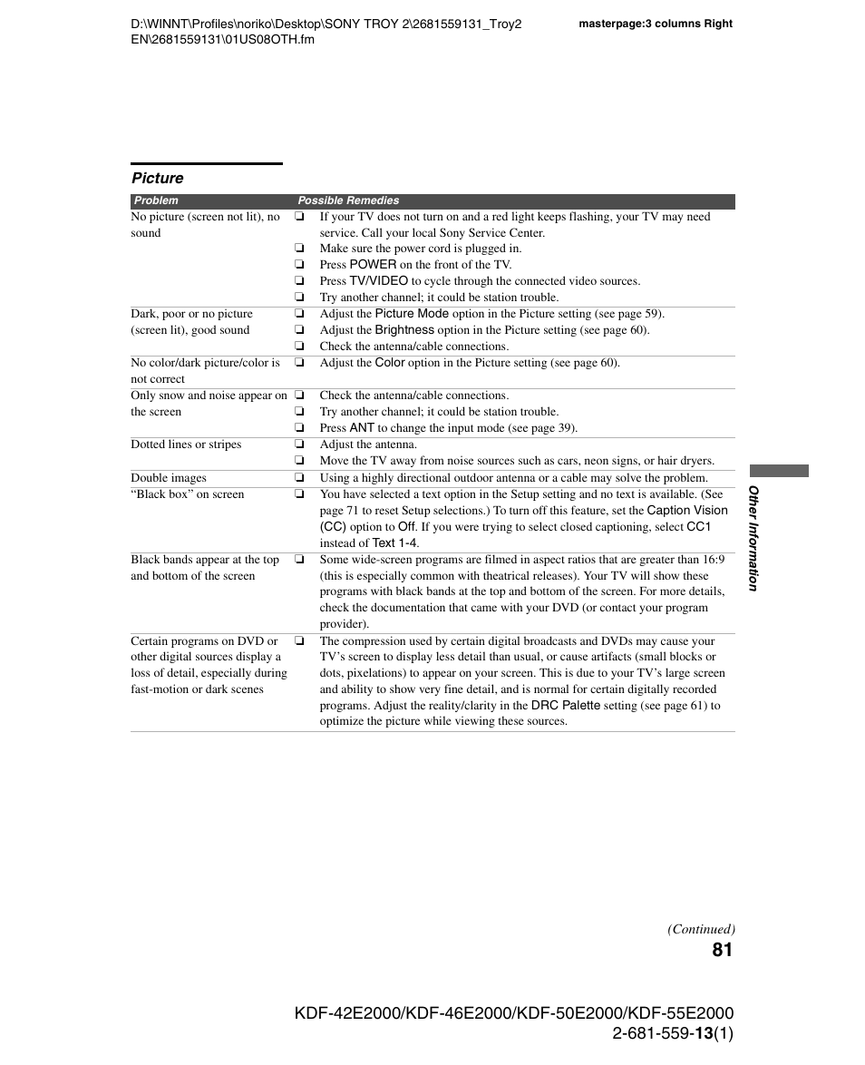 Picture | Sony KDF-55E2000 User Manual | Page 81 / 92