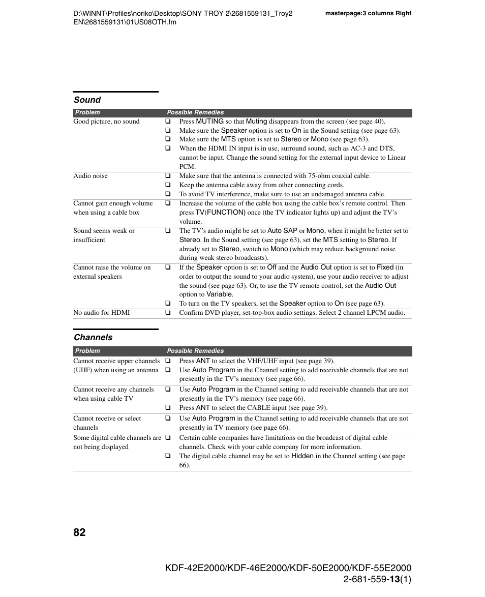 Sound, Channels, Sound channels | Sony KDF-55E2000 User Manual | Page 82 / 92