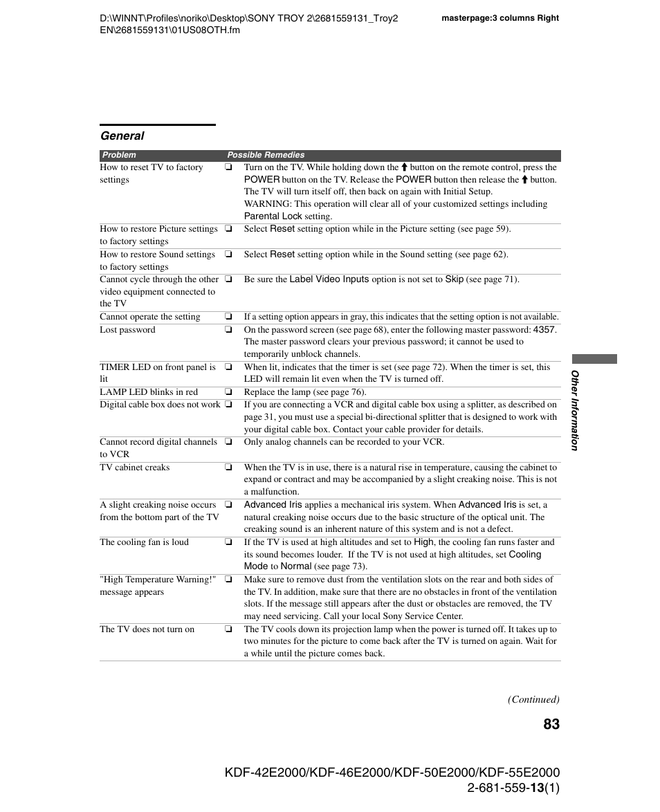 General | Sony KDF-55E2000 User Manual | Page 83 / 92