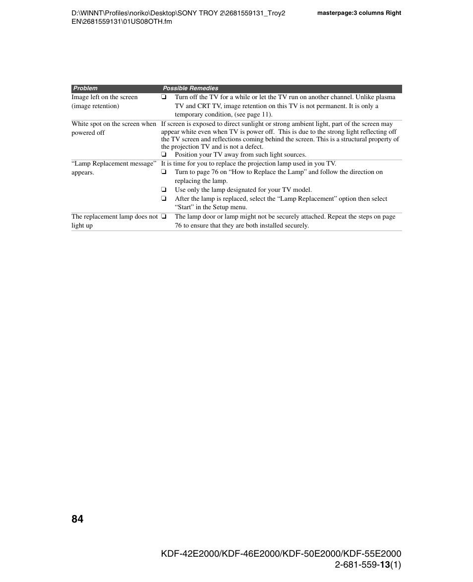 Sony KDF-55E2000 User Manual | Page 84 / 92
