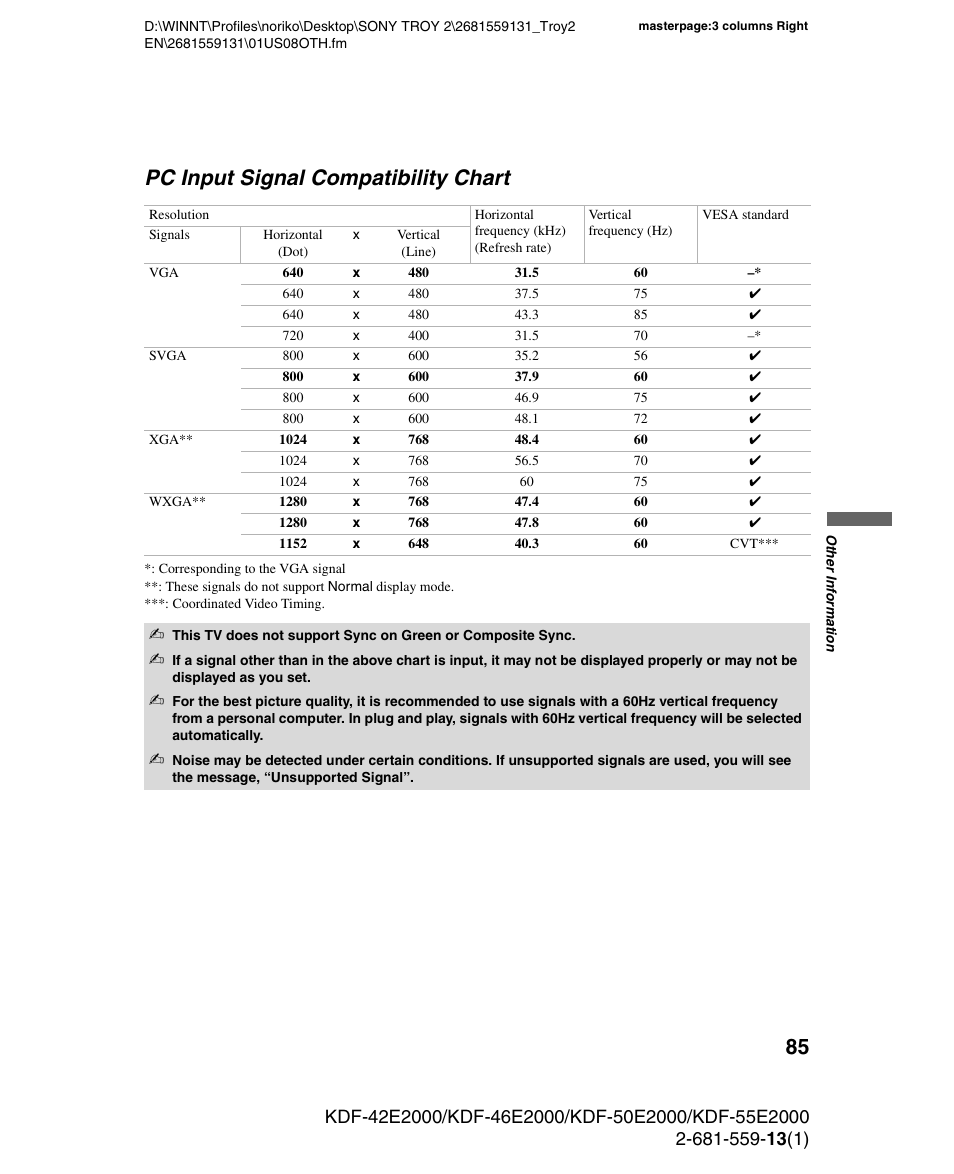 Pc input signal compatibility chart | Sony KDF-55E2000 User Manual | Page 85 / 92