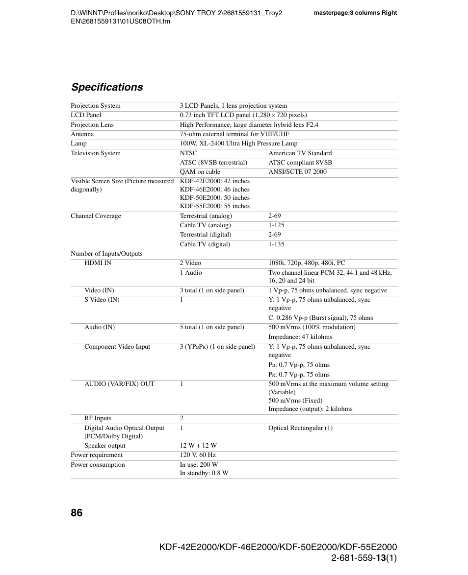 Specifications | Sony KDF-55E2000 User Manual | Page 86 / 92