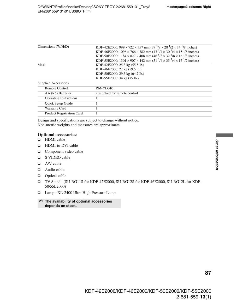 Sony KDF-55E2000 User Manual | Page 87 / 92