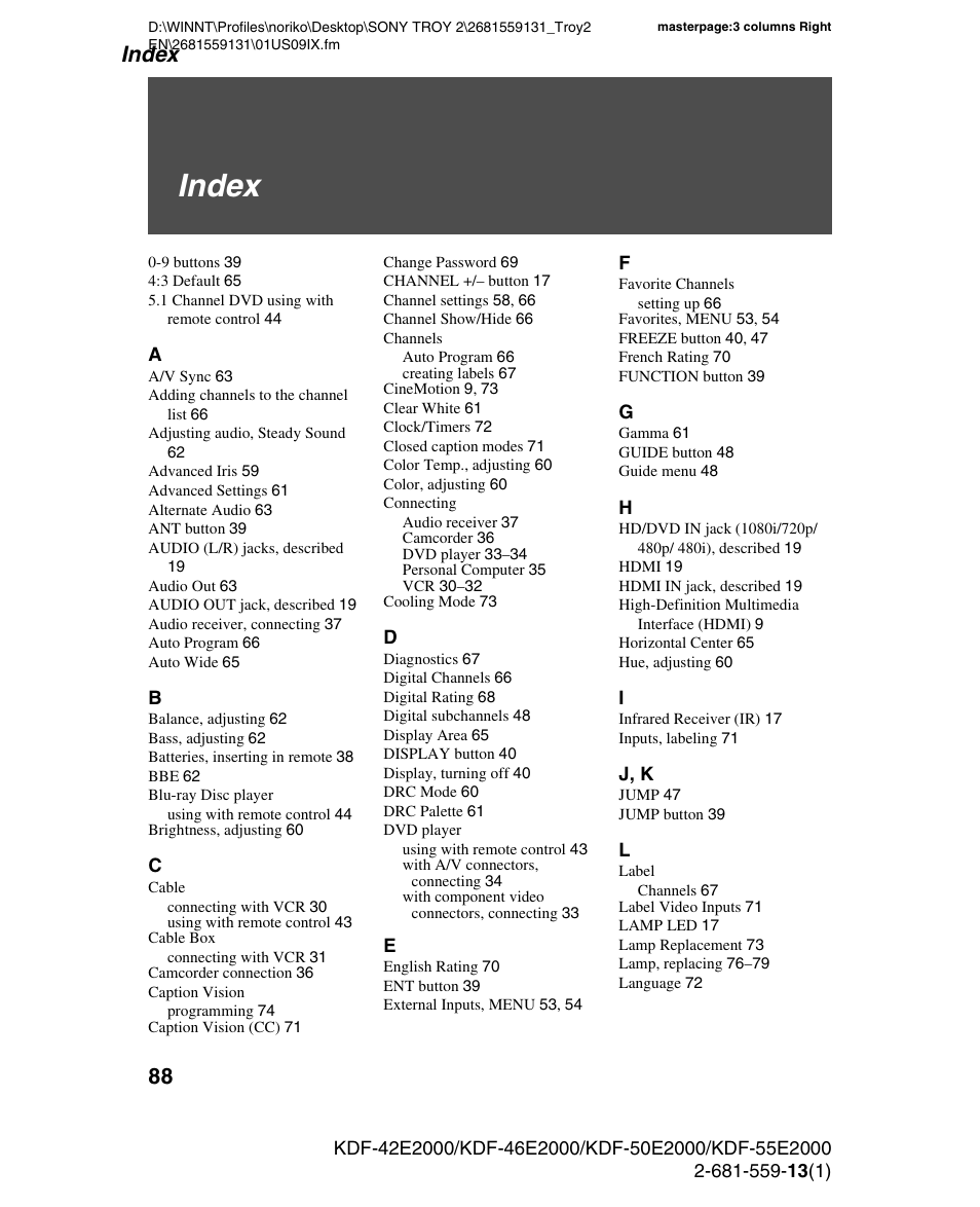 Index | Sony KDF-55E2000 User Manual | Page 88 / 92