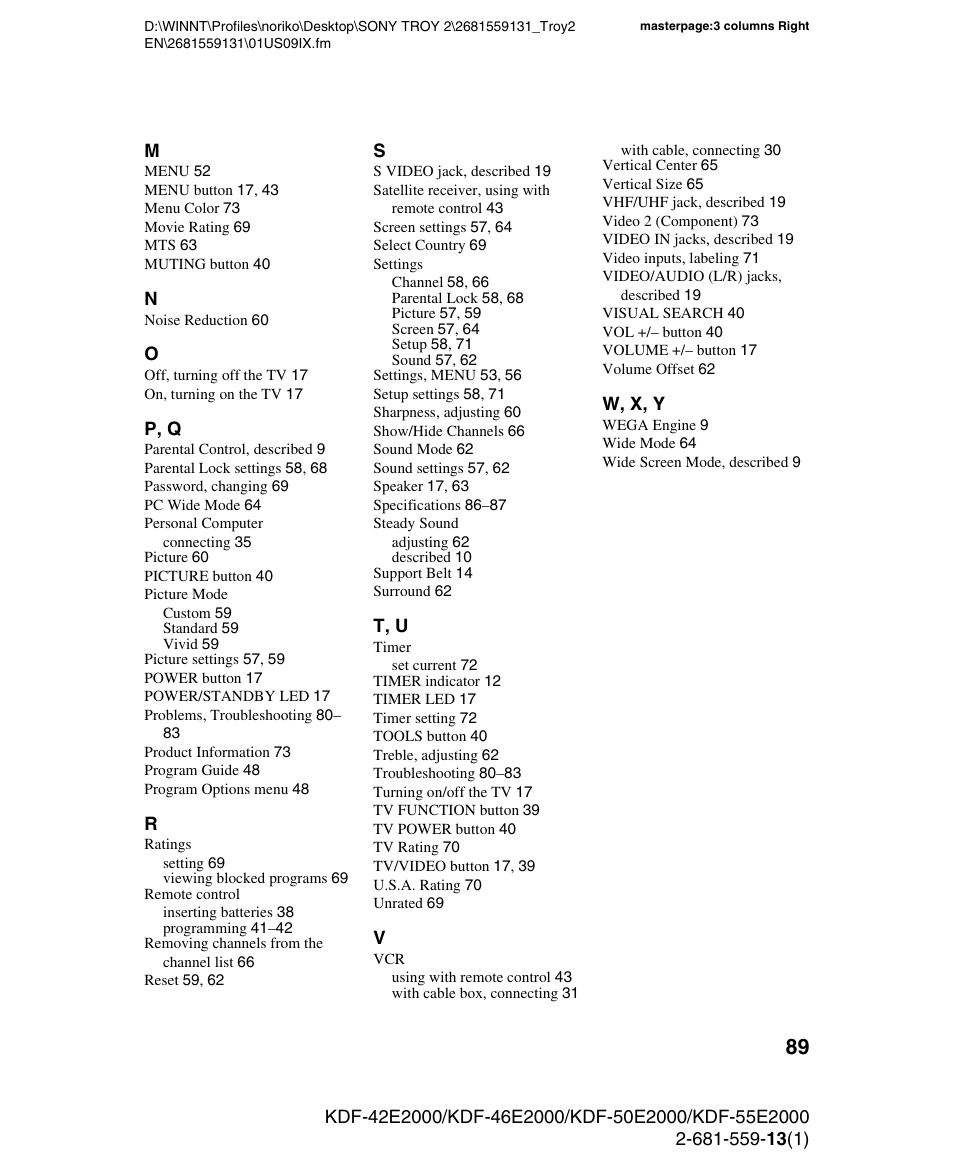 Sony KDF-55E2000 User Manual | Page 89 / 92