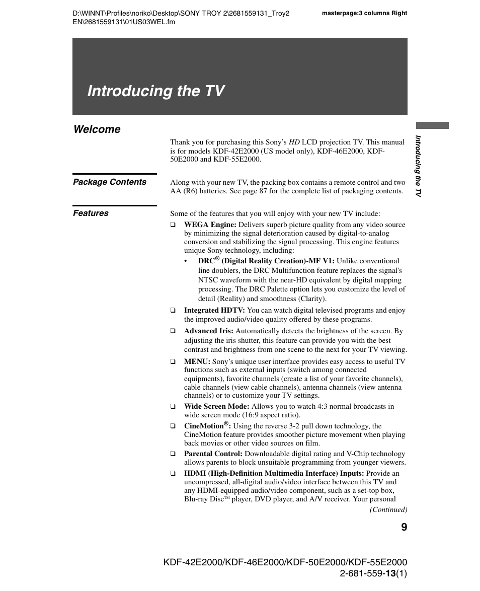 Introducing the tv, Welcome, Package contents | Features, Package contents features | Sony KDF-55E2000 User Manual | Page 9 / 92
