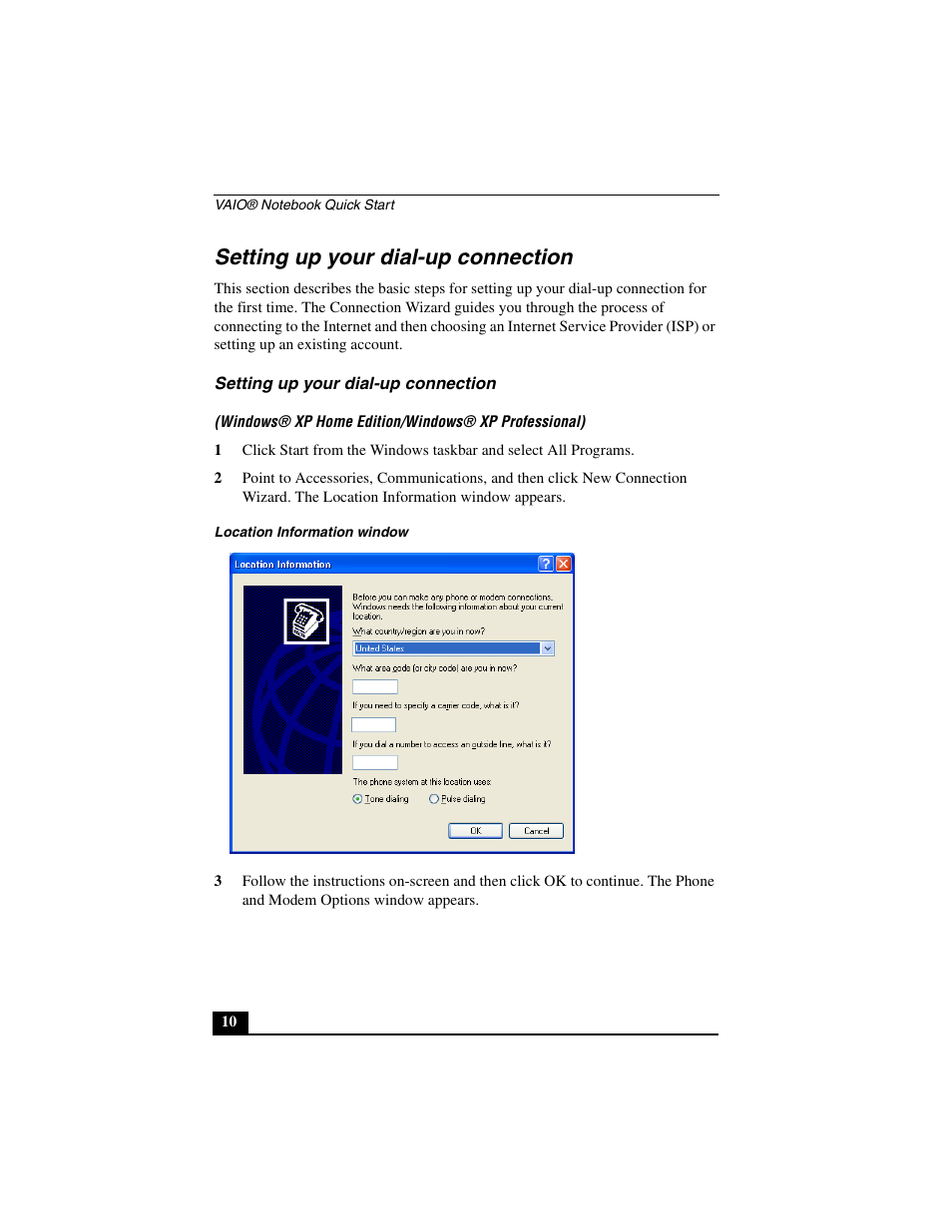 Setting up your dial-up connection | Sony PCG-GR290 User Manual | Page 10 / 84