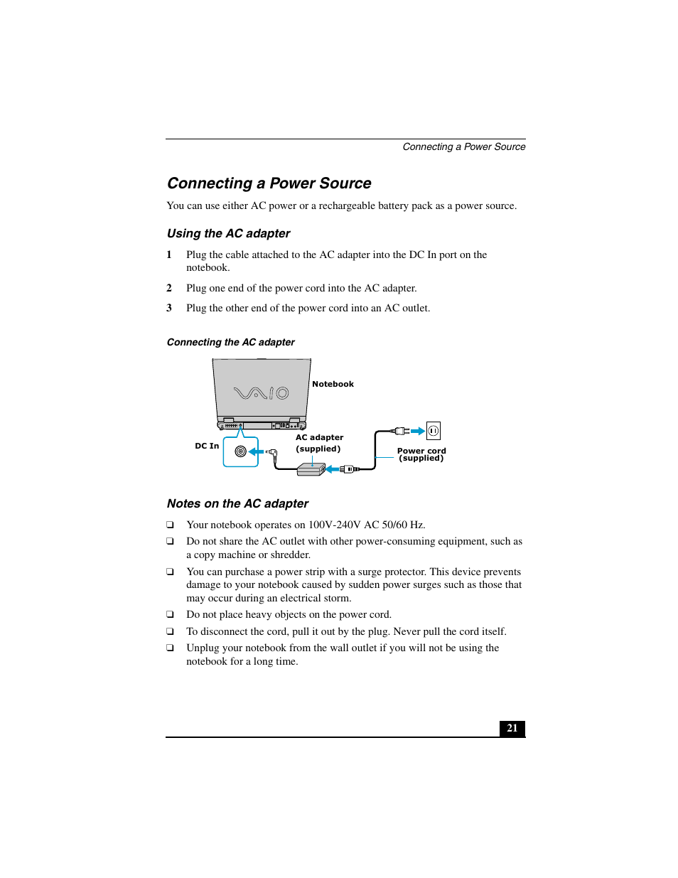 Connecting a power source | Sony PCG-GR290 User Manual | Page 21 / 84