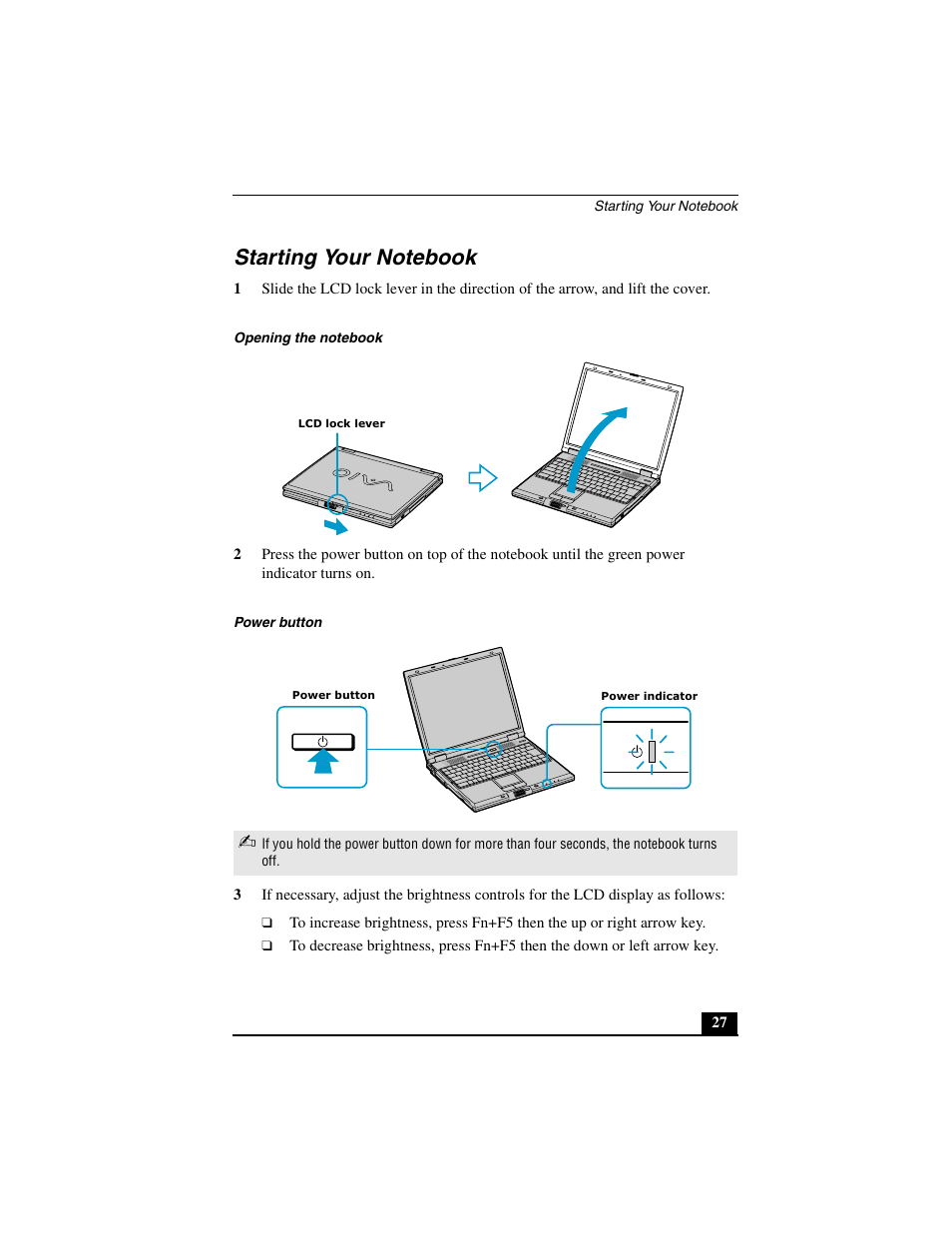 Starting your notebook | Sony PCG-GR290 User Manual | Page 27 / 84