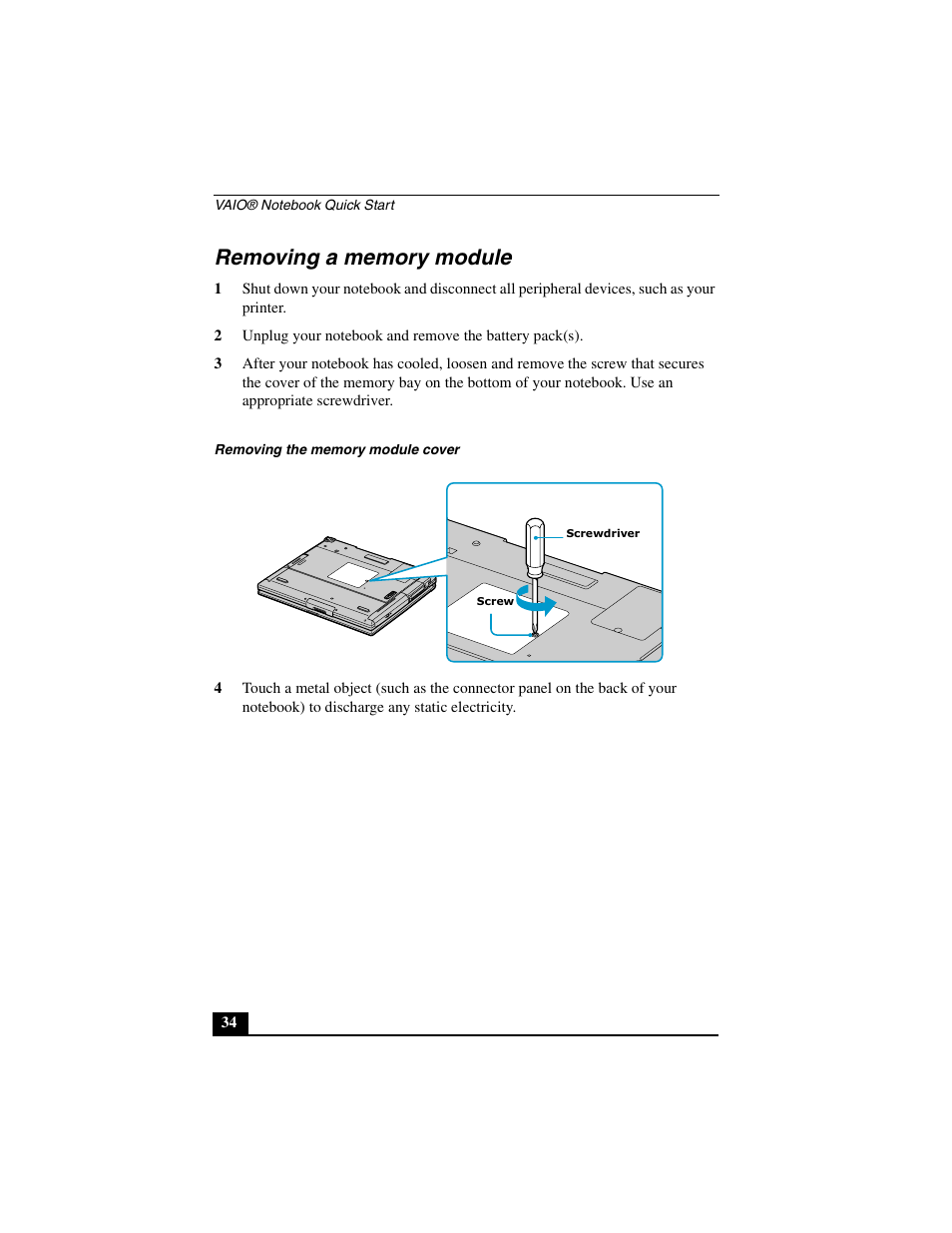 Removing a memory module | Sony PCG-GR290 User Manual | Page 34 / 84