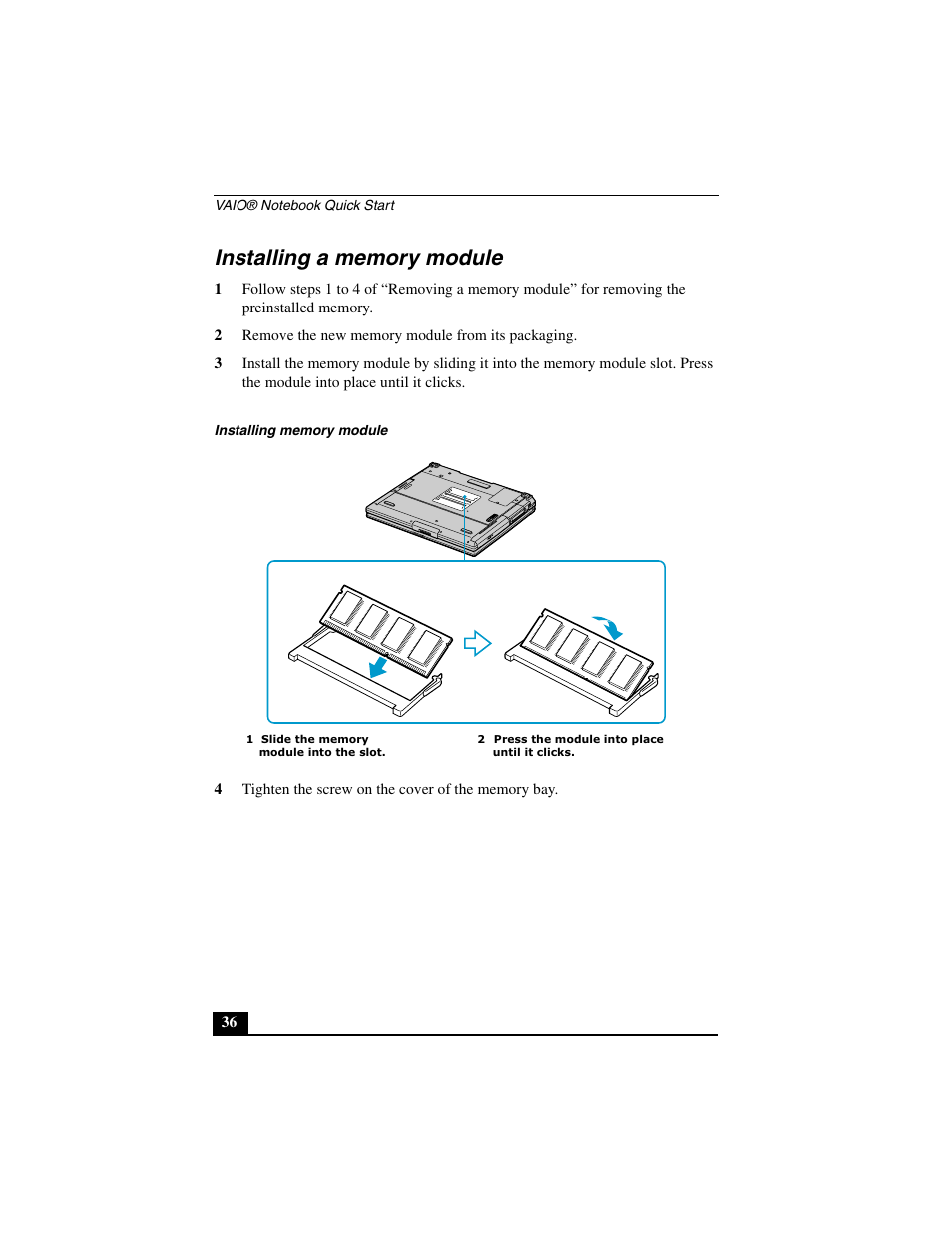 Installing a memory module | Sony PCG-GR290 User Manual | Page 36 / 84